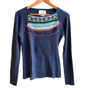 Tabitha Anthropologie Womens M Nordic Sweater Ribbed Wool Cashmere Blend Blue